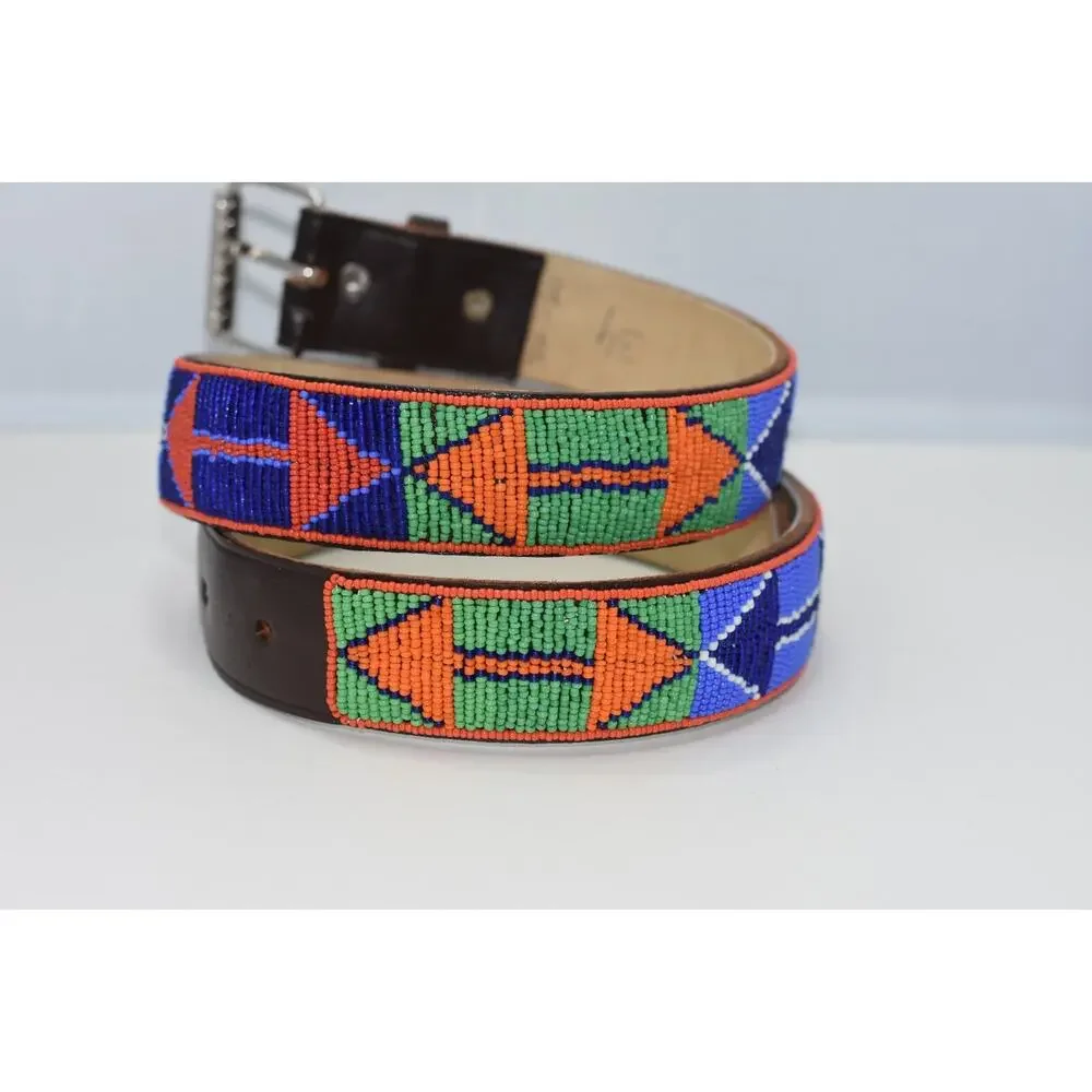 UNISEX BoHo Hand Beaded Maasai Leather Belt with Silver Tone Buckle 34-40